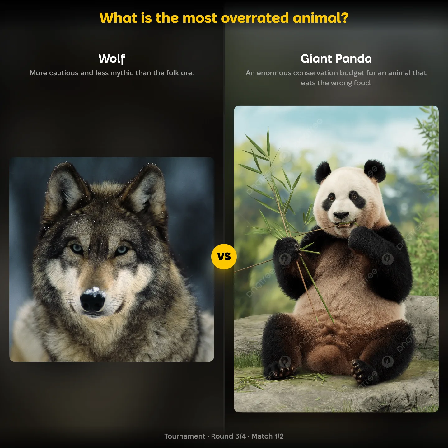 The most overrated animal ranked, with the Wolf facing the Giant Panda