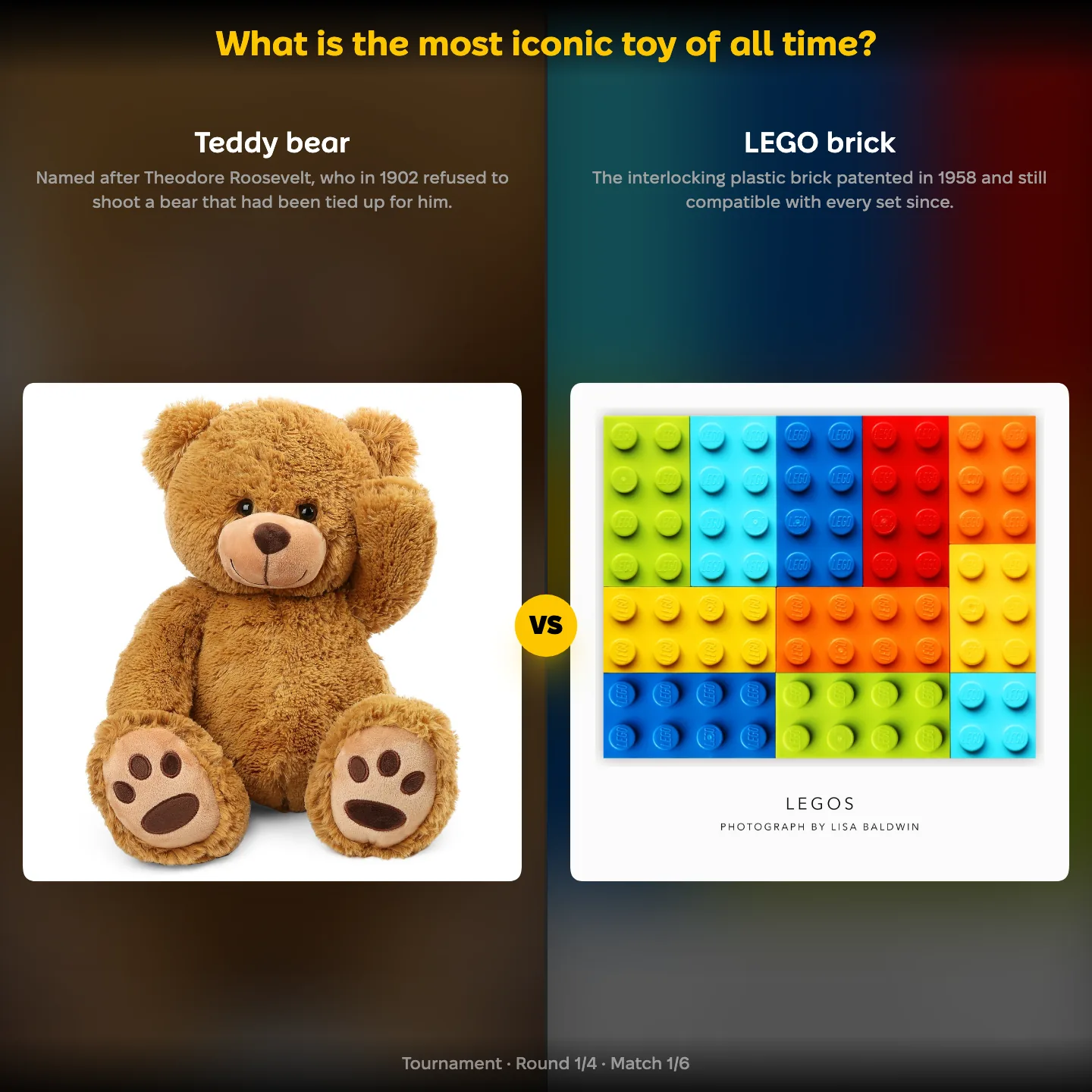 The teddy bear against the LEGO brick in the ranking of the most iconic toy of all time