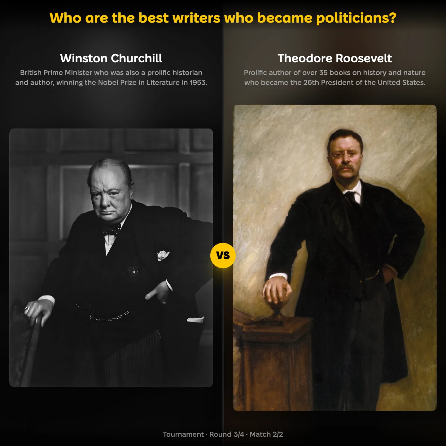 Winston Churchill against Theodore Roosevelt in the ranking of the best writers who became politicians