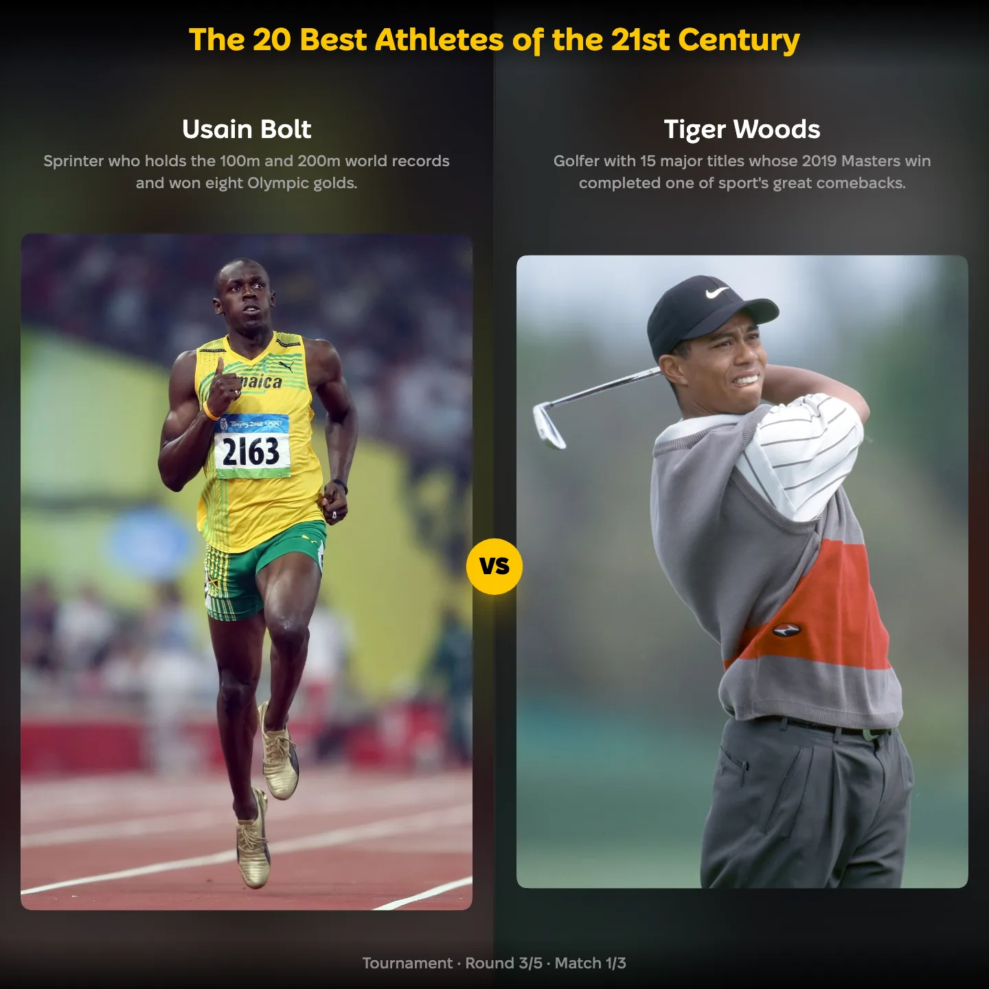The 20 best athletes of the 21st century ranking, Usain Bolt against Tiger Woods