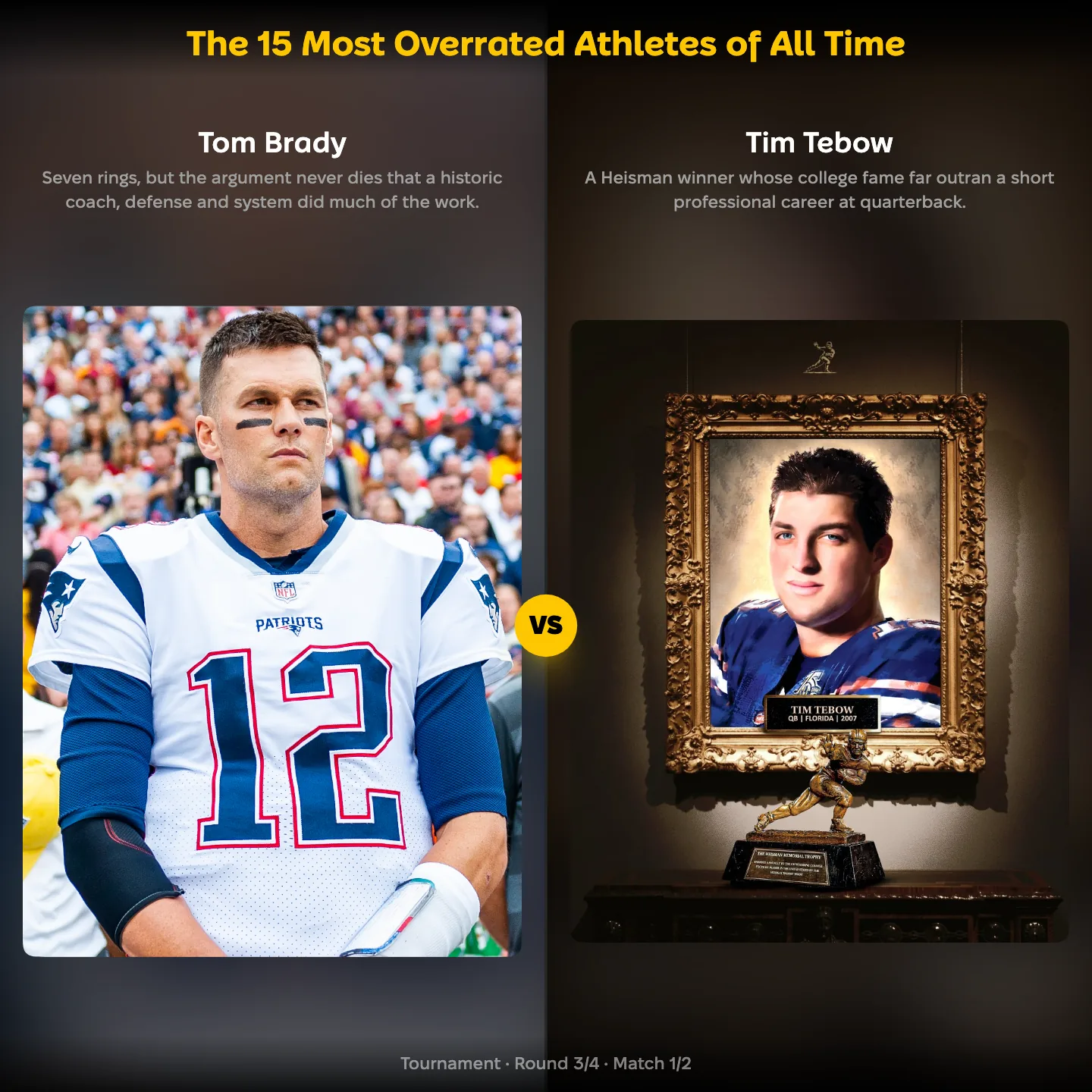 The 15 most overrated athletes of all time ranked, Tom Brady against Tim Tebow