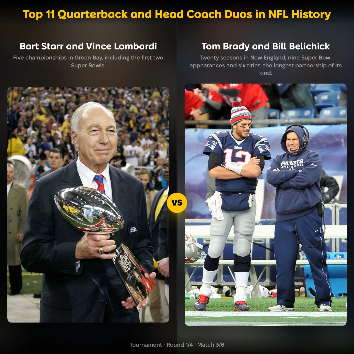 Top 11 quarterback and head coach duos in NFL history ranked, Bart Starr and Vince Lombardi against Tom Brady and Bill Belichick