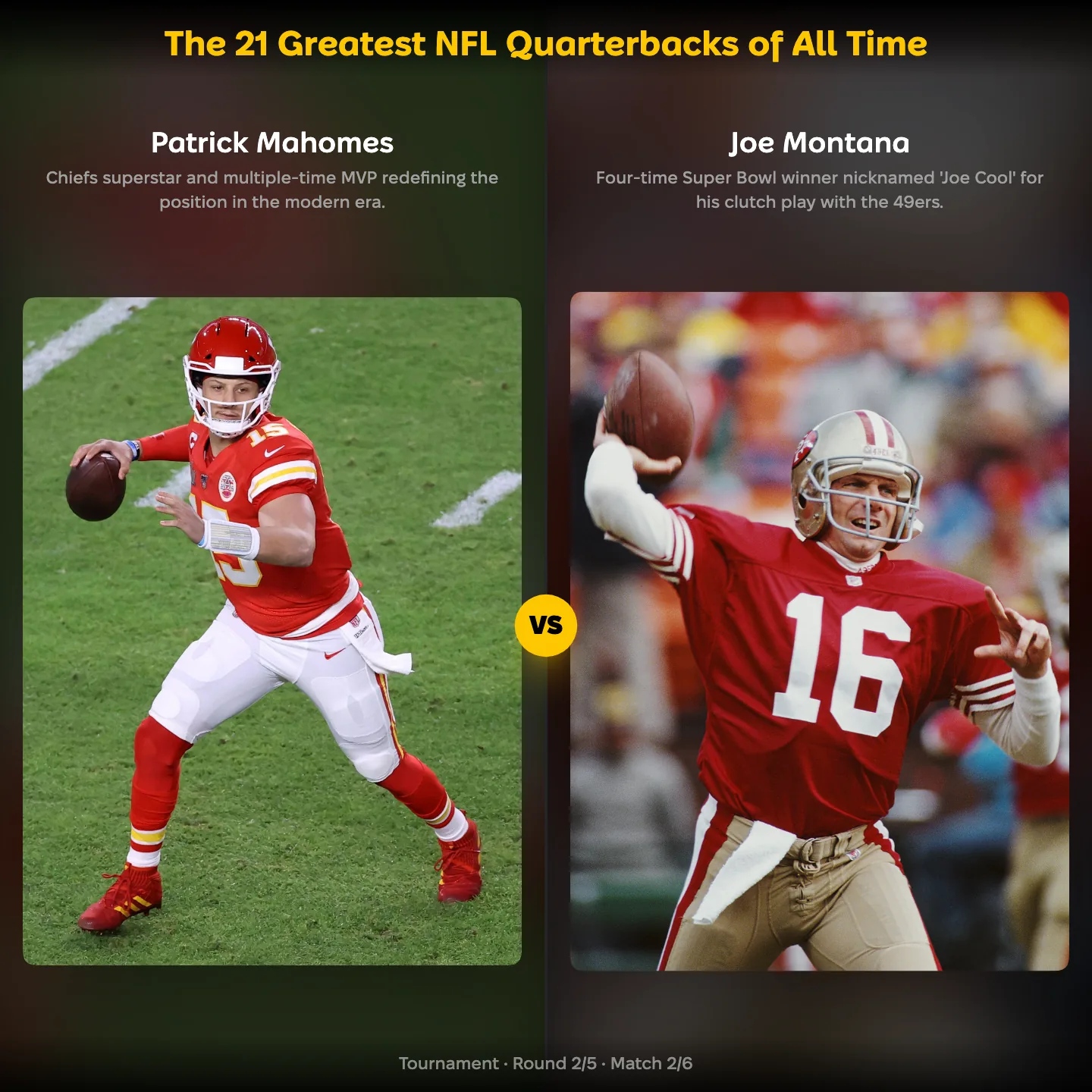 The 21 greatest NFL quarterbacks of all time ranked, with Patrick Mahomes against Joe Montana