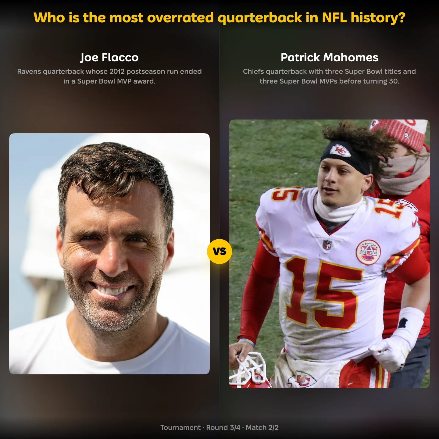 The most overrated quarterback in NFL history ranked, with Joe Flacco against Patrick Mahomes