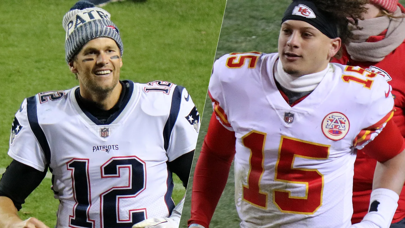 Tom Brady in a New England Patriots jersey beside Patrick Mahomes in a Kansas City Chiefs jersey