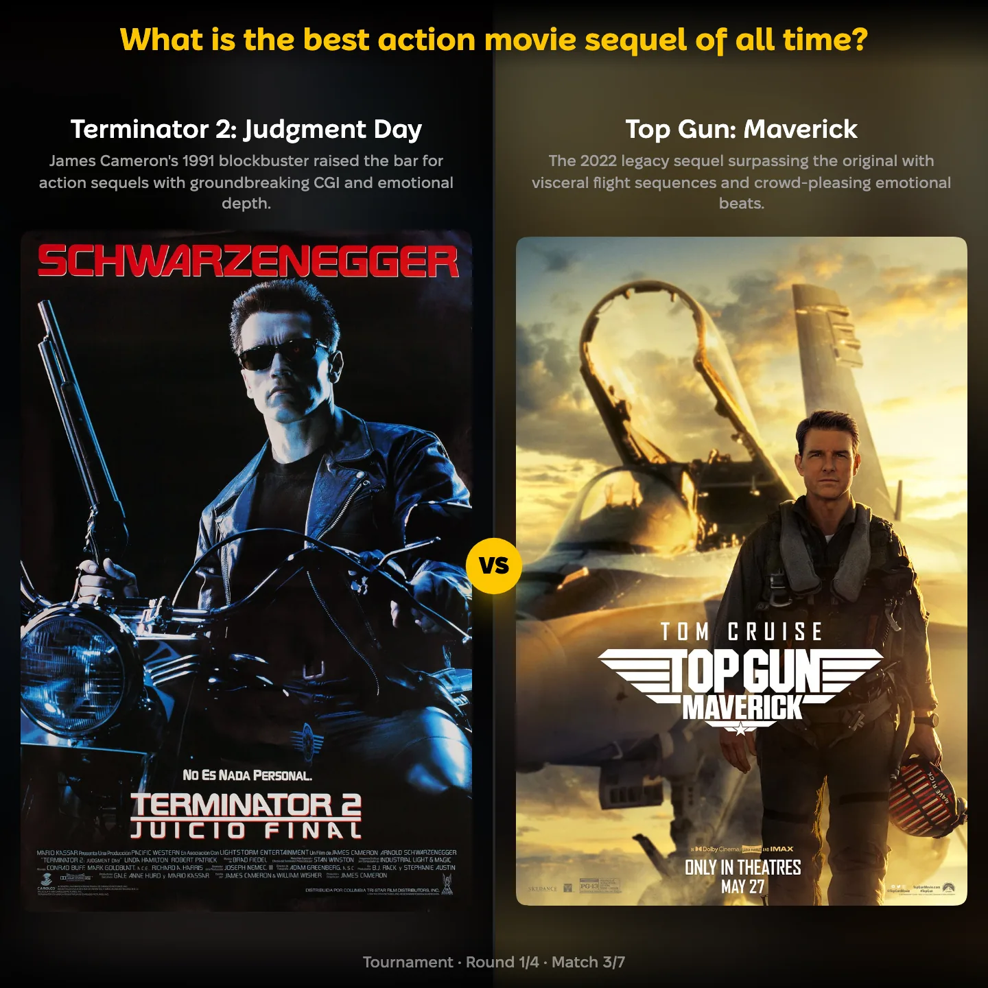 The best action movie sequel of all time ranked — Terminator 2 against Tom Cruise in Top Gun: Maverick