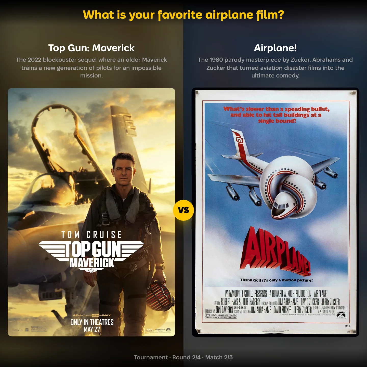 Favorite airplane film ranked — Tom Cruise in Top Gun: Maverick against Airplane!
