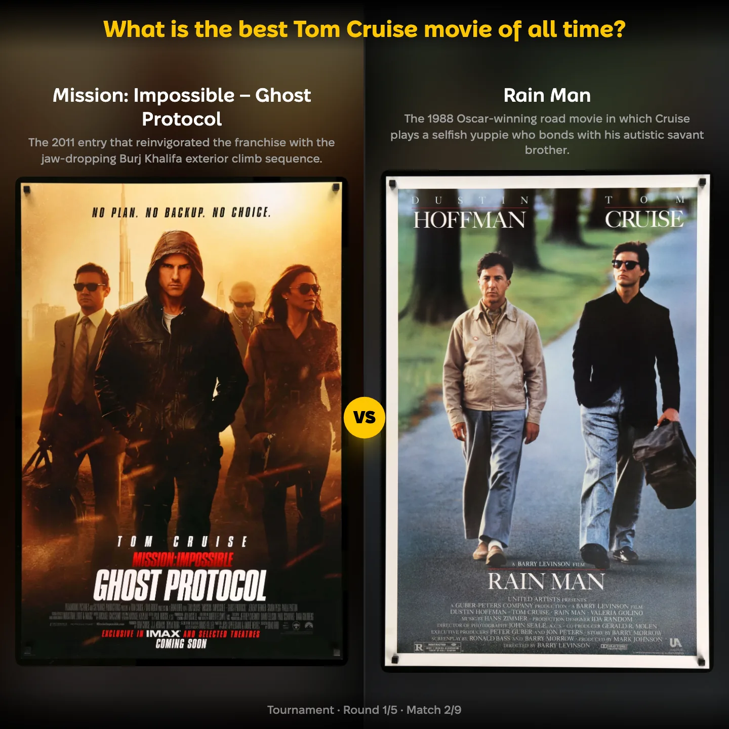What is the best Tom Cruise movie of all time — Mission: Impossible – Ghost Protocol against Rain Man