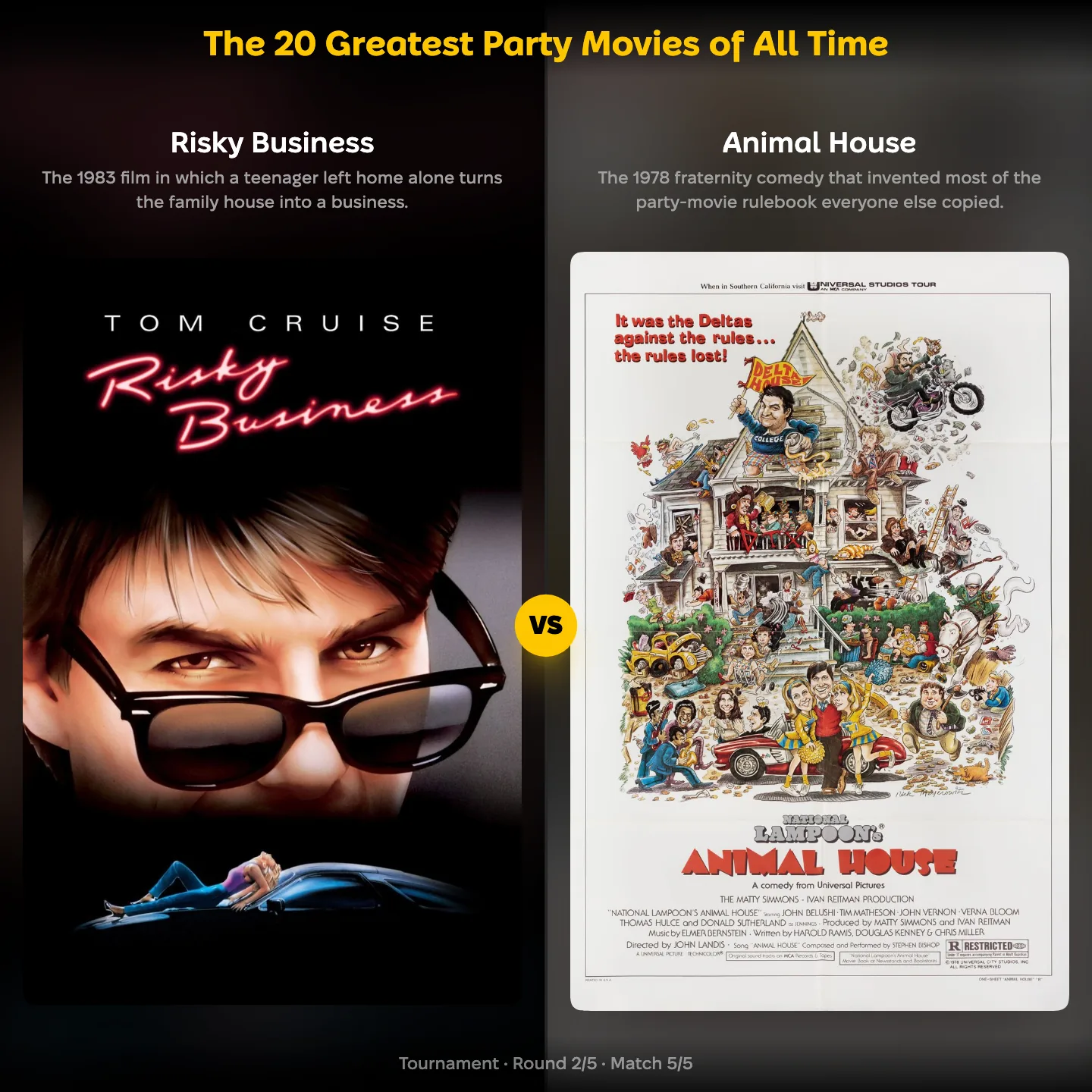 The 20 greatest party movies of all time ranked — Tom Cruise in Risky Business against Animal House