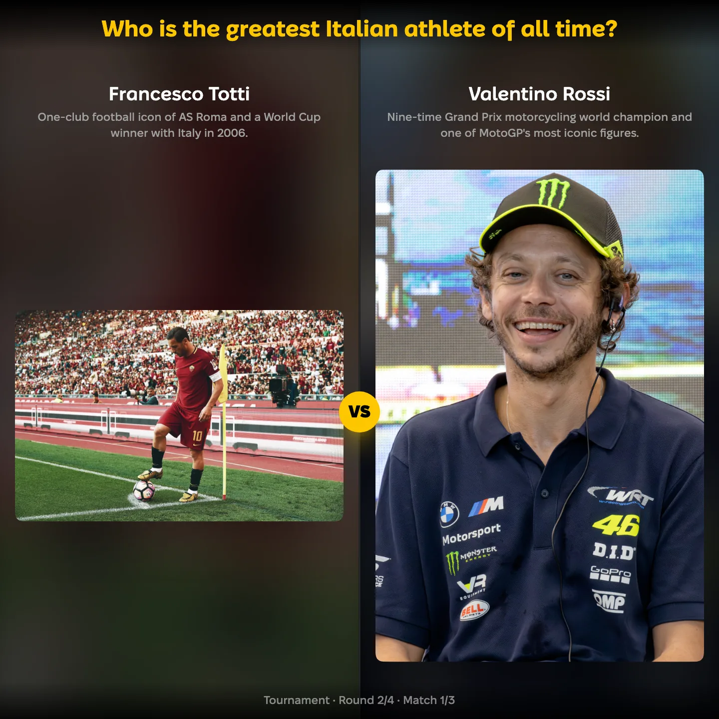 The greatest Italian athlete of all time ranked: Francesco Totti vs Valentino Rossi