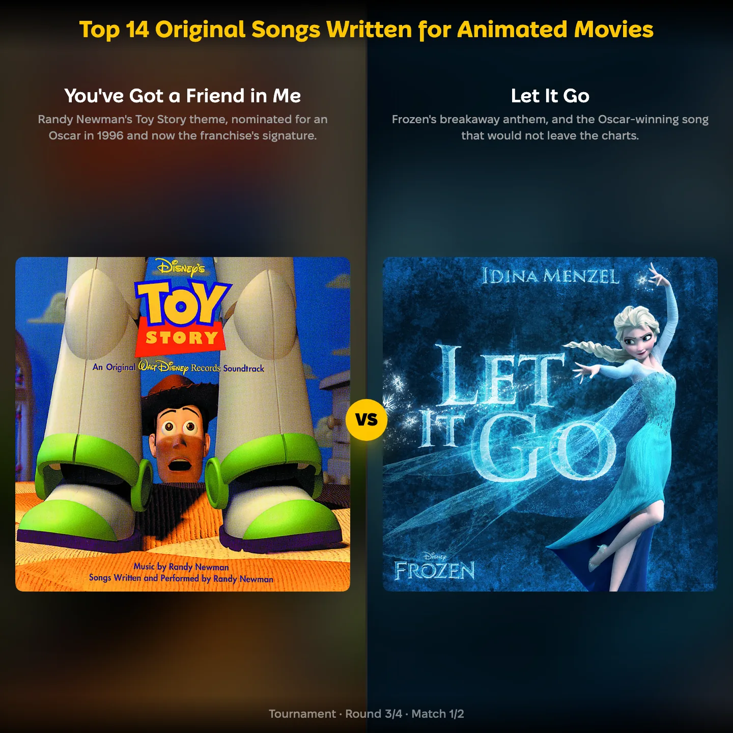 The best original songs written for animated movies ranked, You've Got a Friend in Me against Let It Go