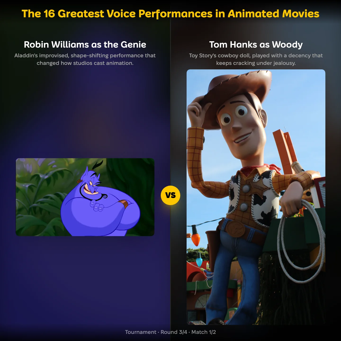The greatest voice performances in animated movies ranked, Tom Hanks as Woody against Robin Williams as the Genie