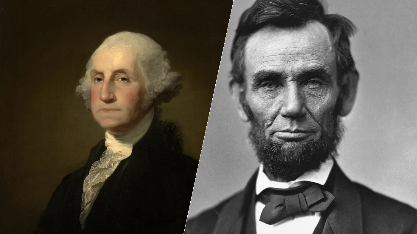 George Washington and Abraham Lincoln side by side, the two presidents compared across 15 rankings