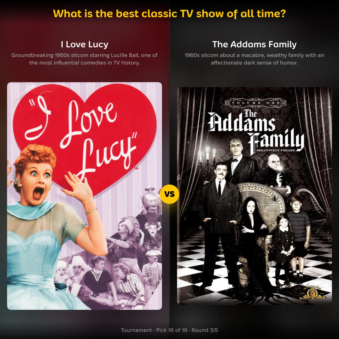 Best classic TV show of all time ranking: I Love Lucy vs The Addams Family matchup