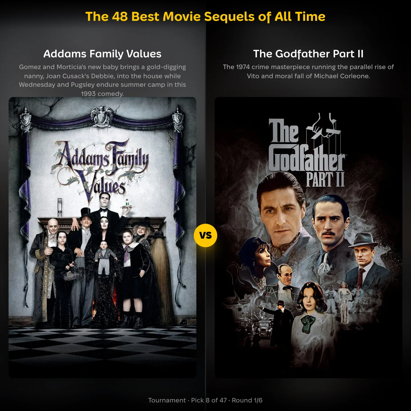 Best movie sequels of all time ranking: Addams Family Values vs The Godfather Part II matchup