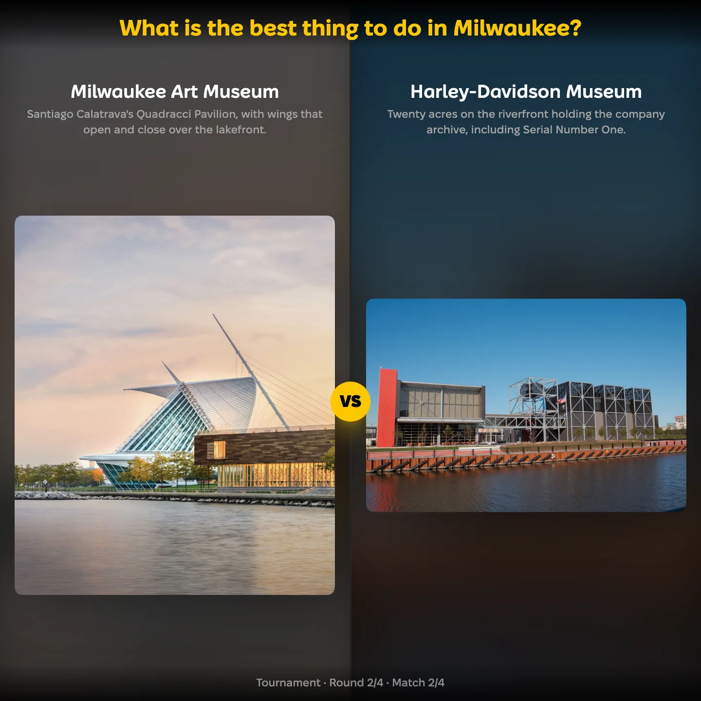 The Milwaukee Art Museum against the Harley-Davidson Museum in a ranking of the best things to do in Milwaukee