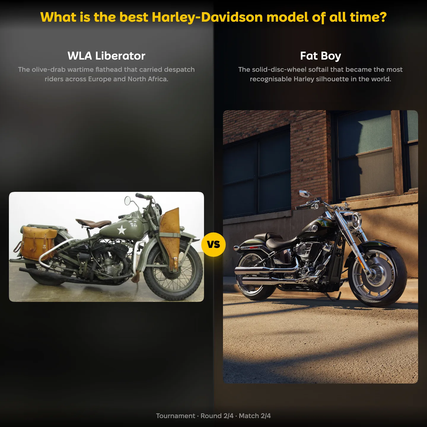 The wartime WLA Liberator against the Fat Boy in a ranking of the best Harley-Davidson model of all time