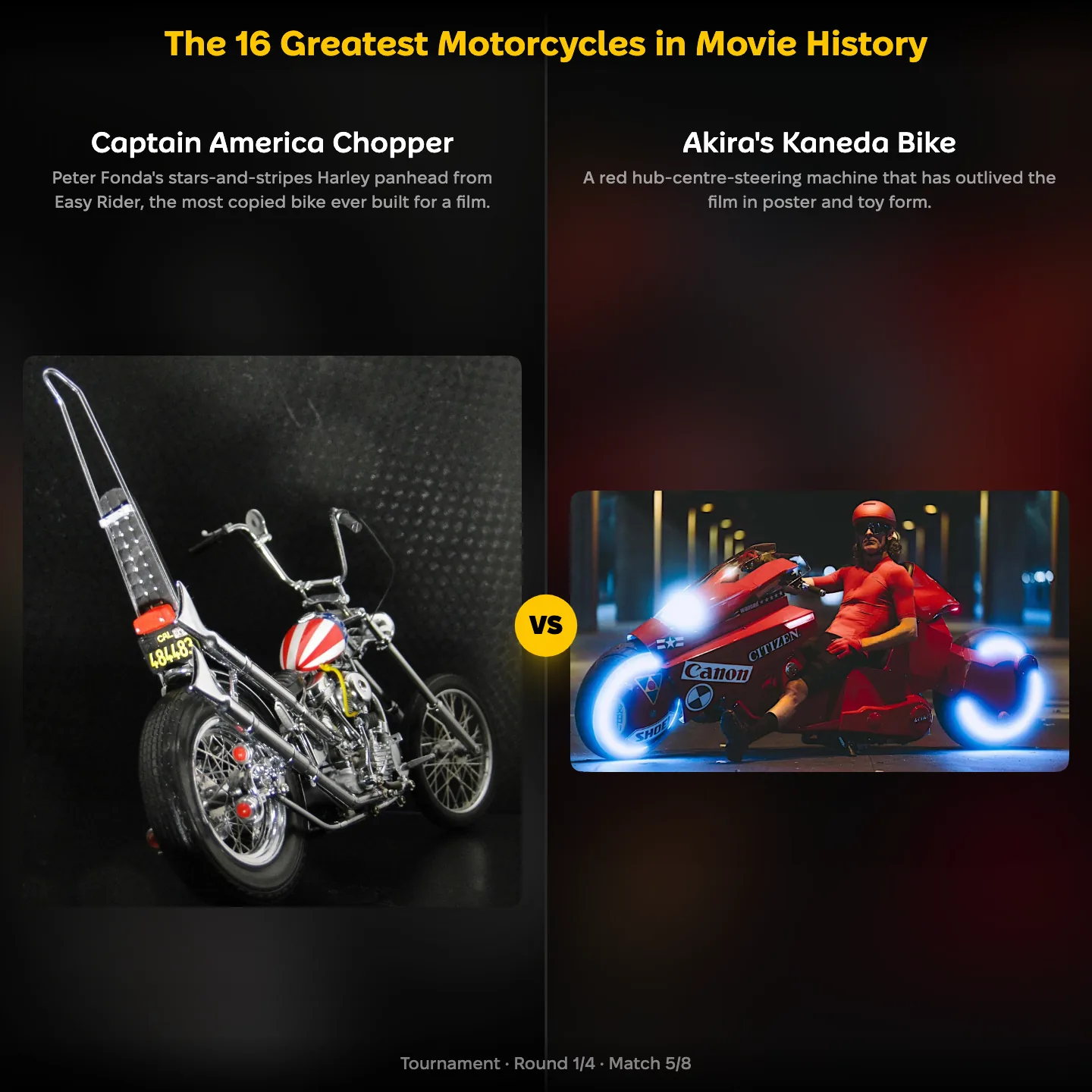 The Captain America chopper from Easy Rider against Akira's Kaneda bike in a ranking of the greatest movie motorcycles