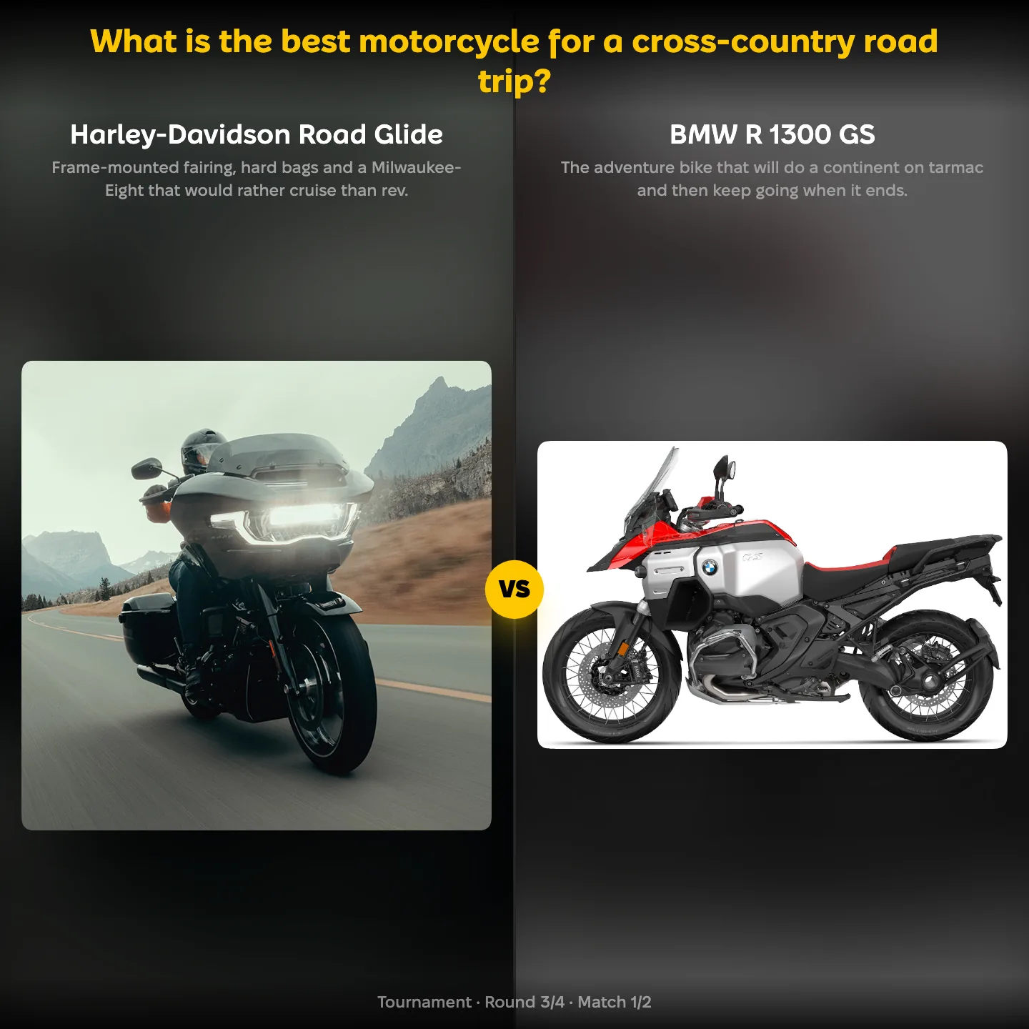 The Harley-Davidson Road Glide against the BMW R 1300 GS in a ranking of the best cross-country motorcycle
