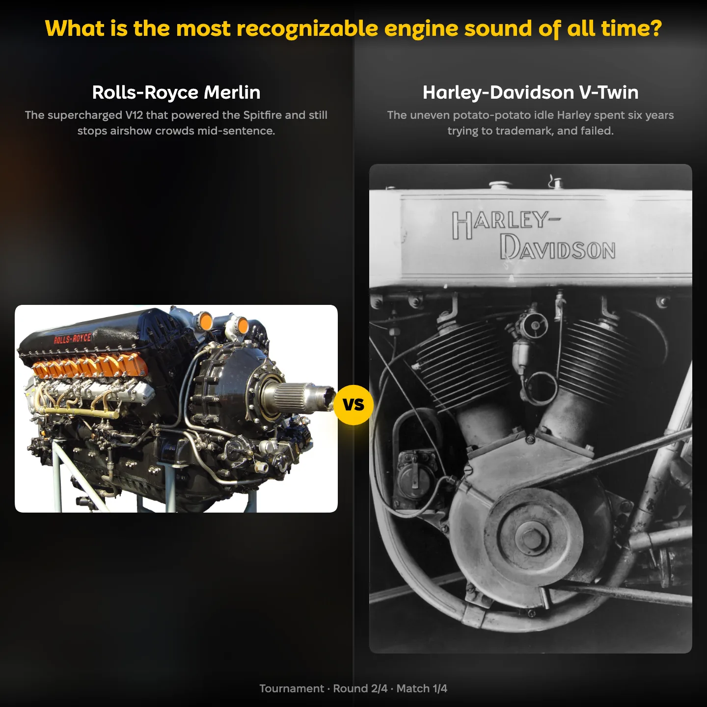 The Rolls-Royce Merlin against the Harley-Davidson V-twin in a ranking of the most recognizable engine sounds