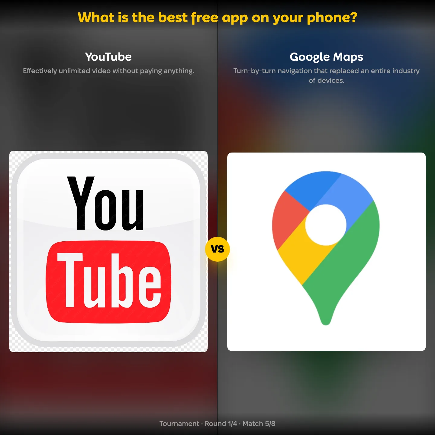 What is the best free app on your phone ranked, with YouTube against Google Maps