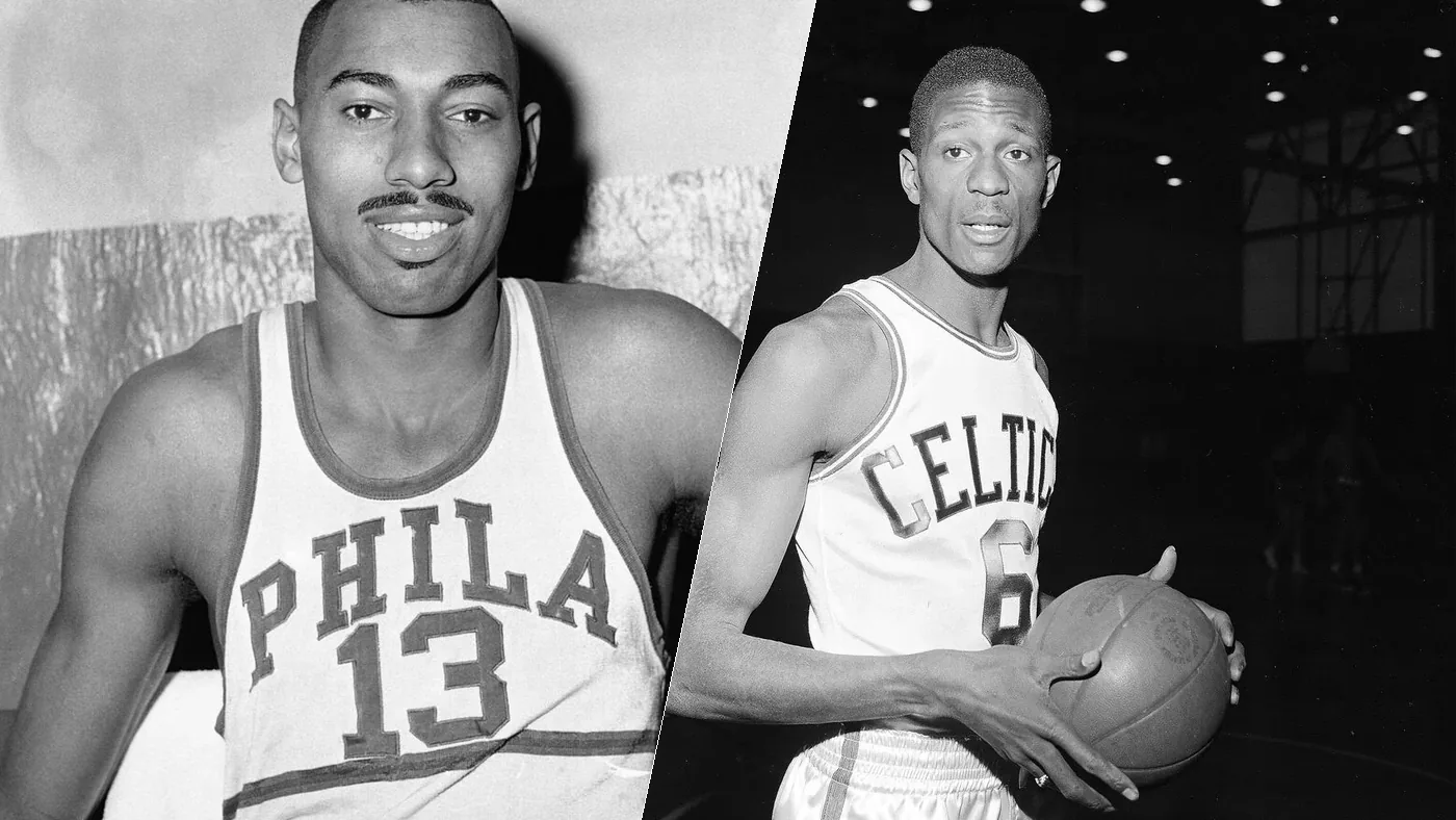 Wilt Chamberlain in a Philadelphia jersey and Bill Russell in a Boston Celtics jersey, side by side