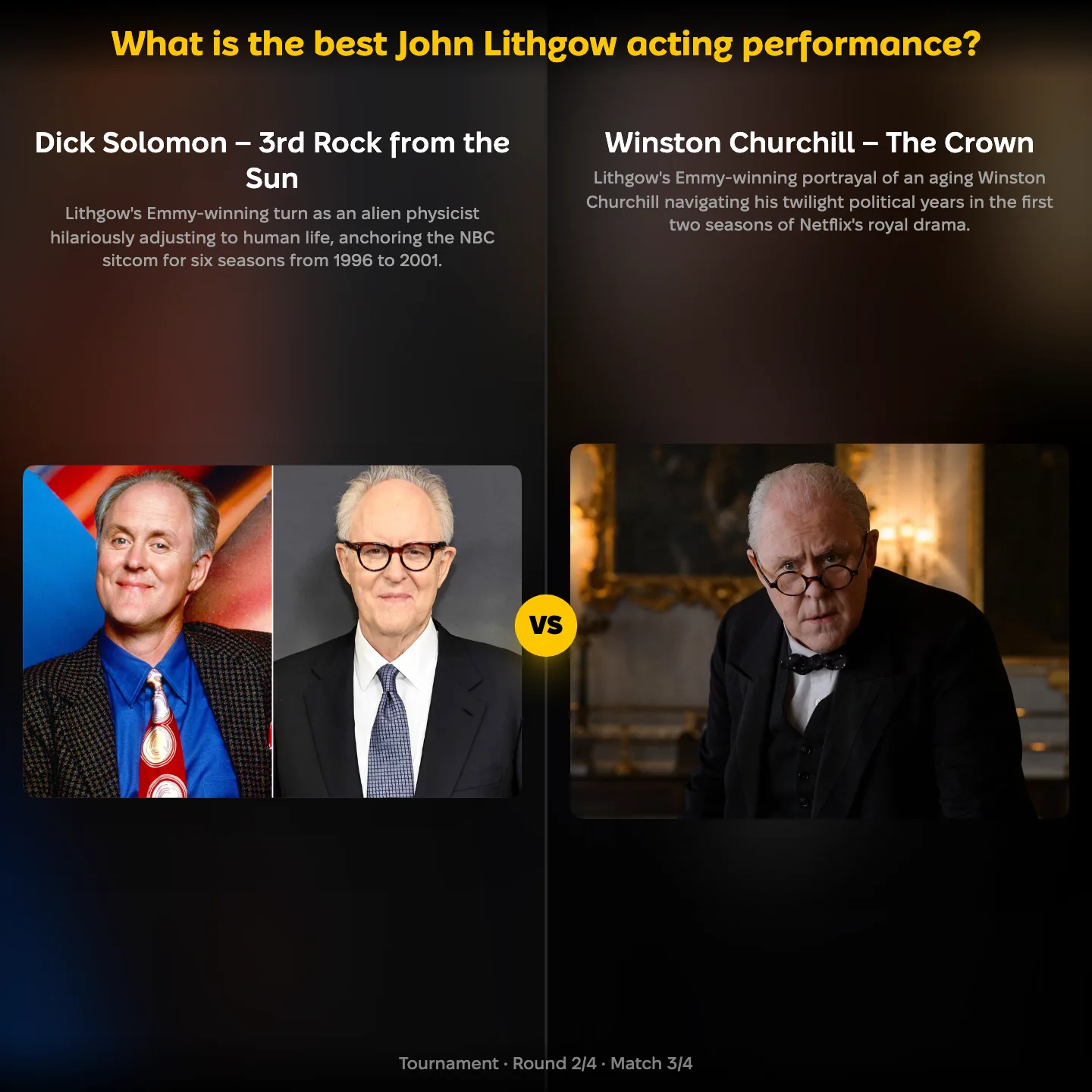 Best John Lithgow performance ranking, Dick Solomon in 3rd Rock from the Sun against Winston Churchill in The Crown