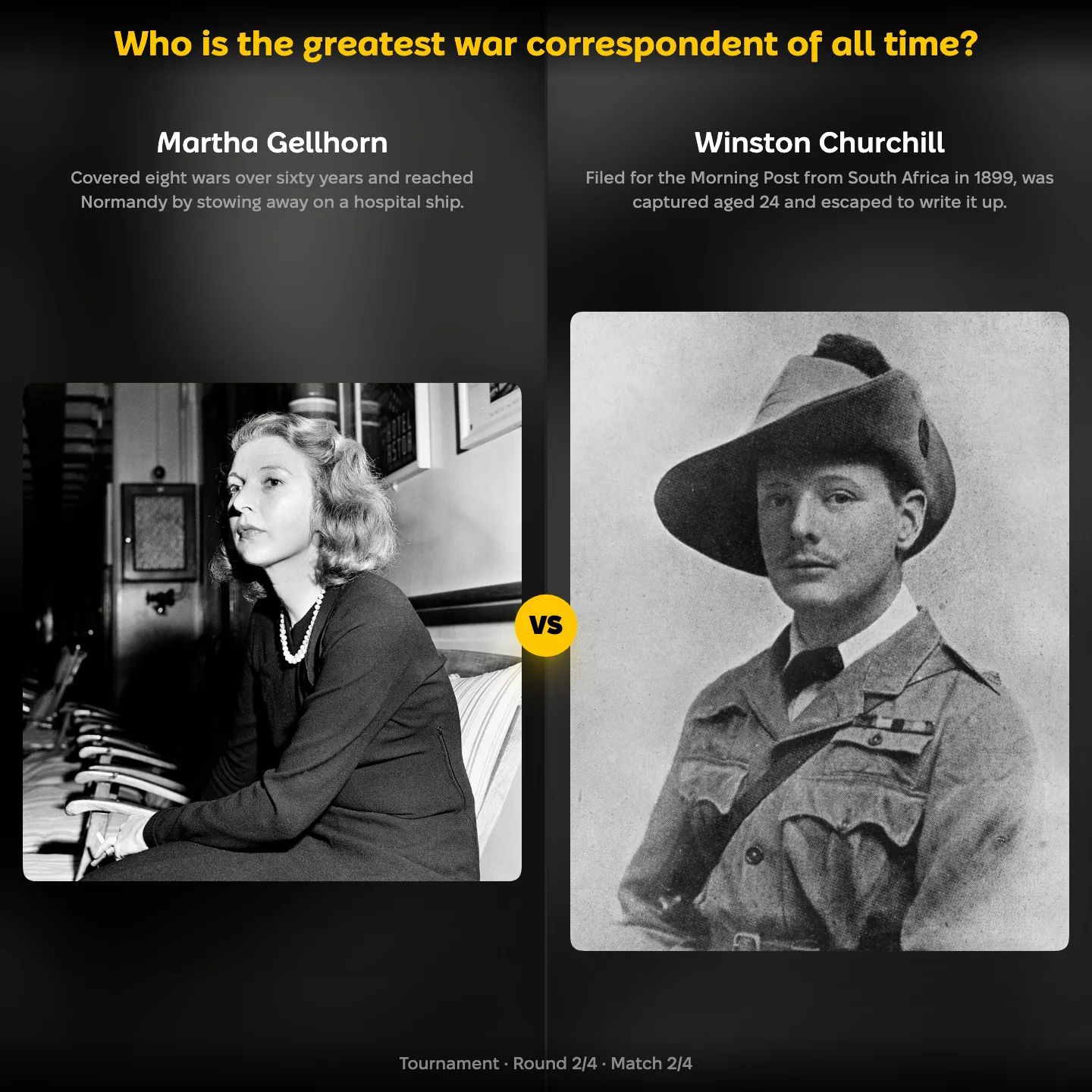 Greatest war correspondent ranking, Martha Gellhorn against a young Winston Churchill in South Africa