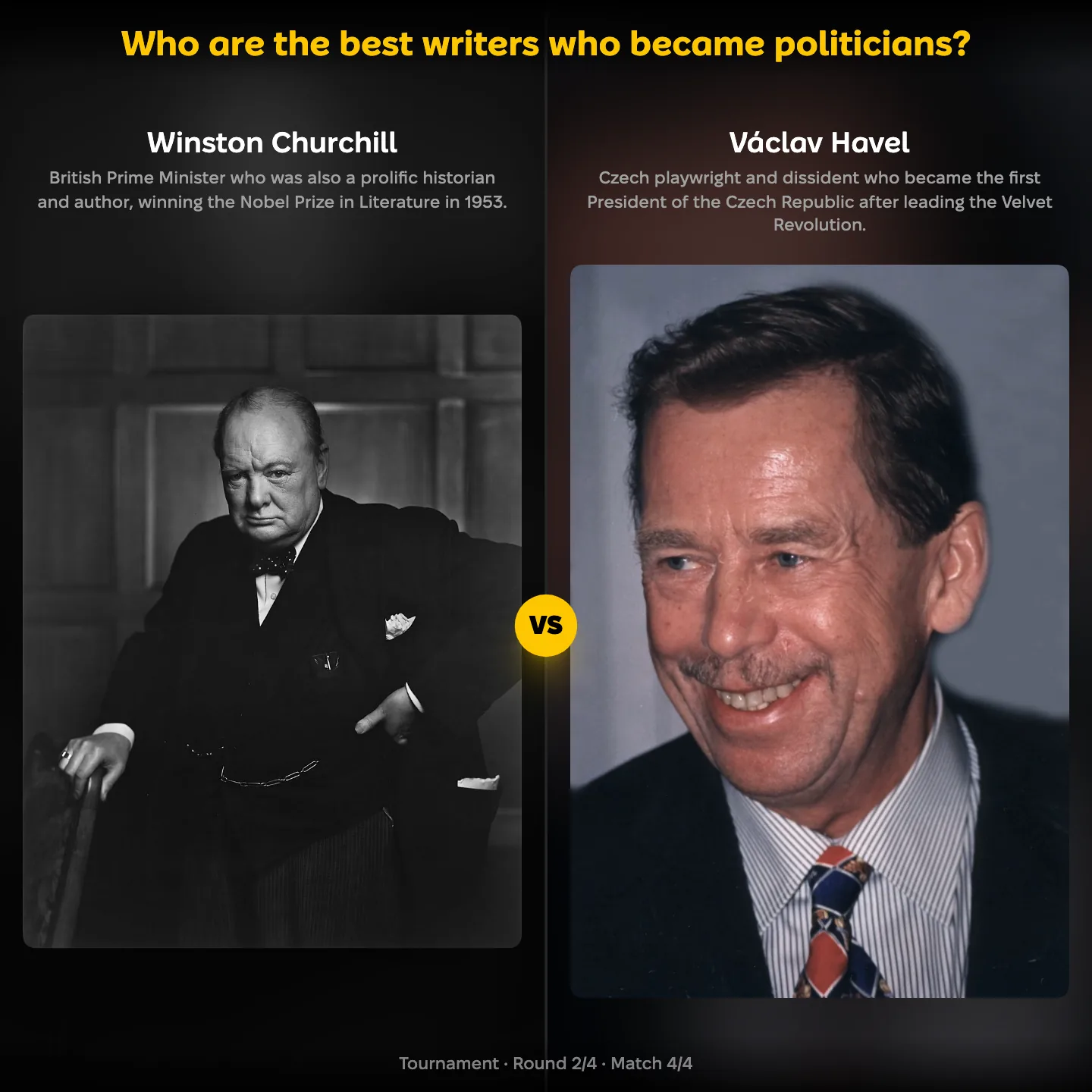Best writers who became politicians ranking, Winston Churchill against Václav Havel