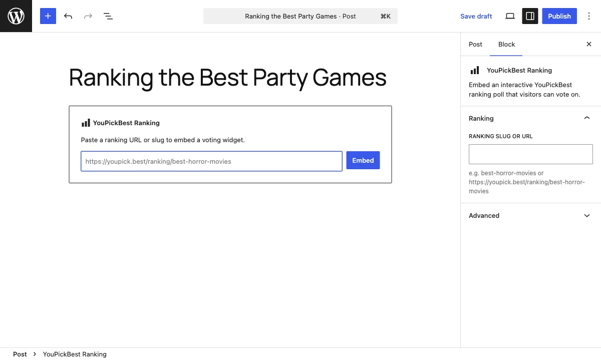 The YouPickBest Ranking block placeholder with a URL field and an Embed button