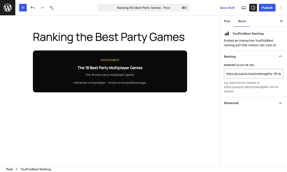 The block editor showing a dark preview card with the ranking title