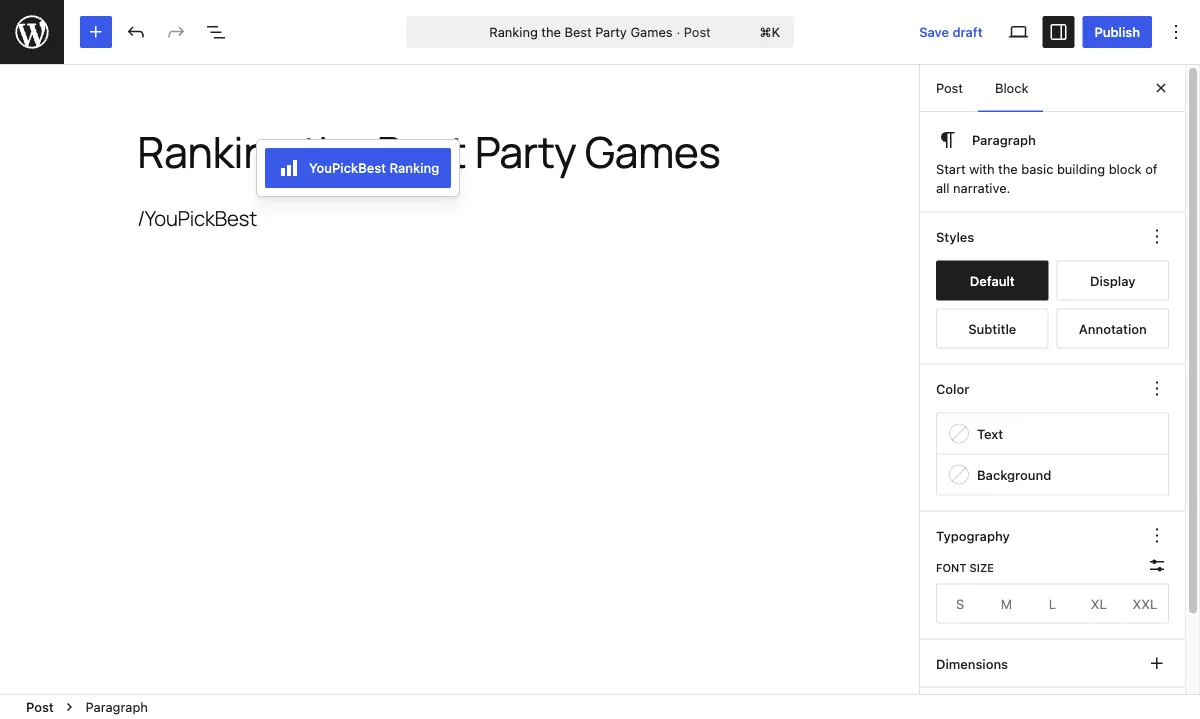 The block editor slash menu showing the YouPickBest Ranking block