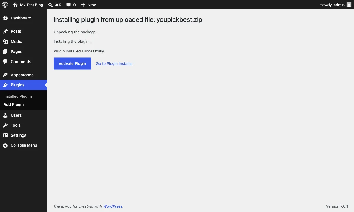 WordPress confirming the plugin installed successfully with an Activate Plugin link