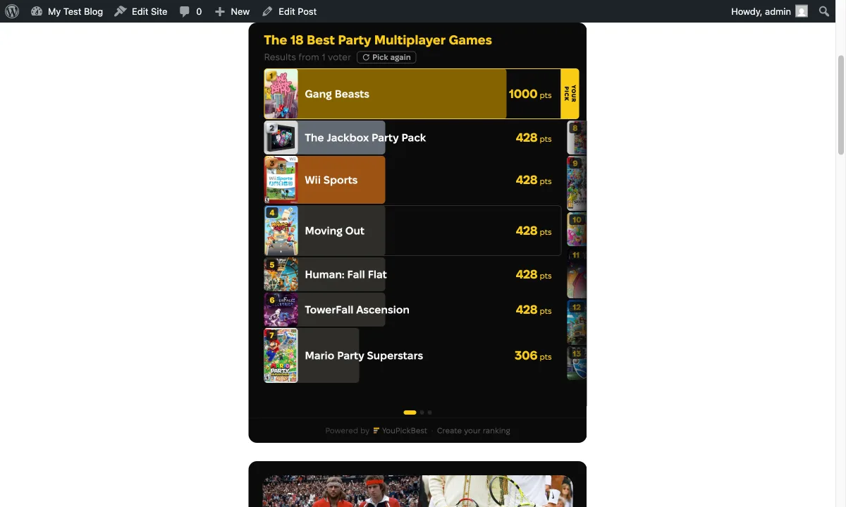 The results leaderboard in the widget with options scored out of 1000 points