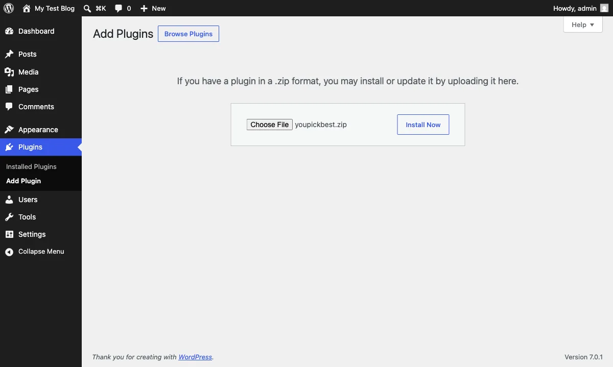 The WordPress Upload Plugin screen with youpickbest.zip selected and the Install Now button