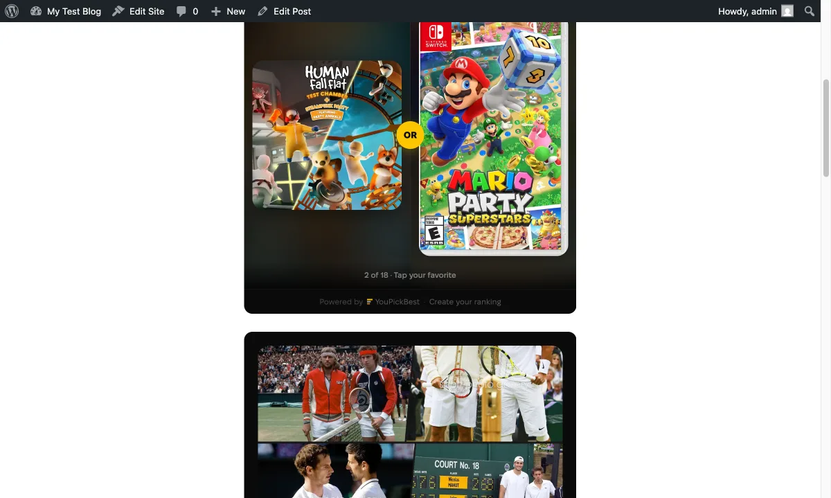 The voting widget in a WordPress post showing two game options side by side